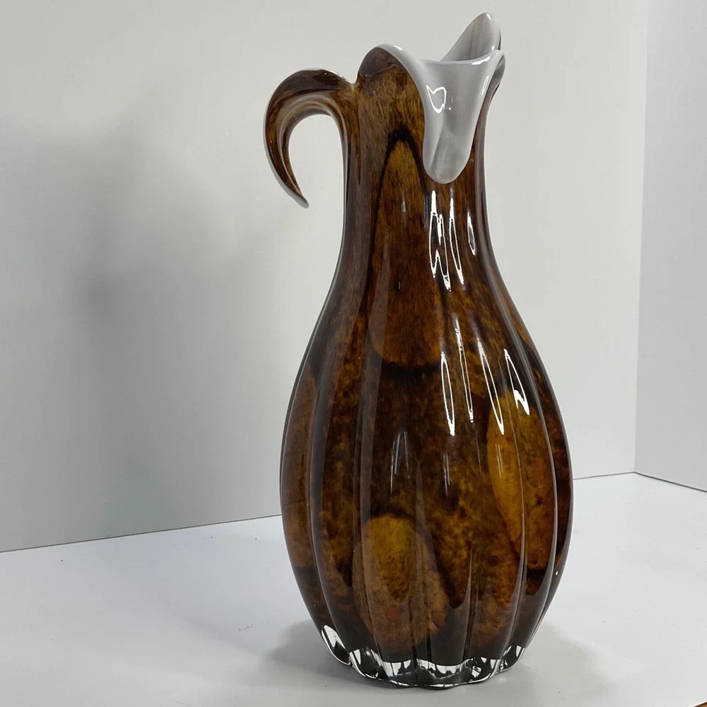 Handblown Vintage Tulip Vase Tiger‎ Eye Brown Fluted White Contrast Home Decor